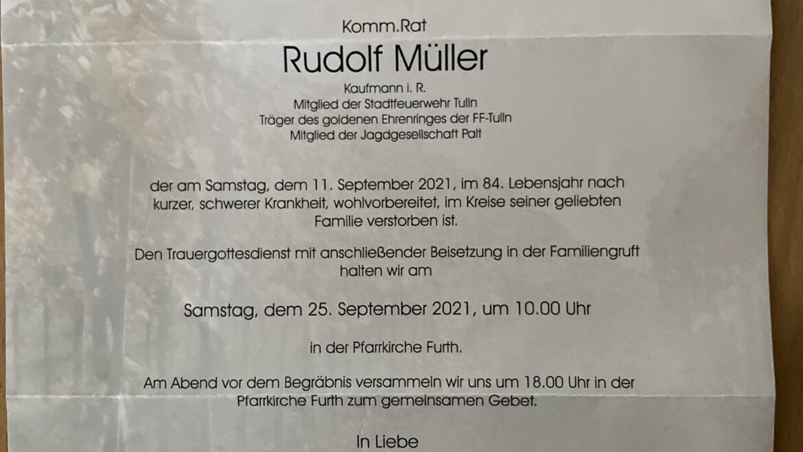 Kommerzialrat Rudolf Müller verstorben (1937 – 2021)