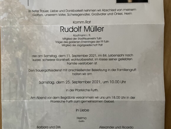Kommerzialrat Rudolf Müller verstorben (1937 – 2021)