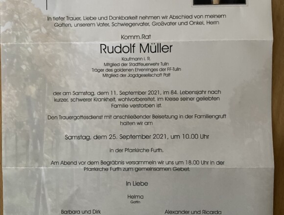 Kommerzialrat Rudolf Müller verstorben (1937 – 2021)